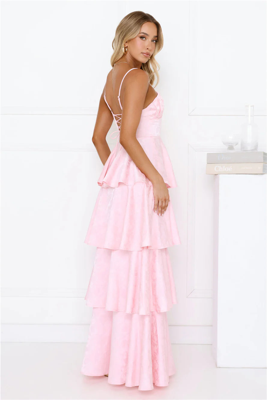 Pink Floral Jacquard Tiered Maxi Evening Dresses with Lace-Up Back