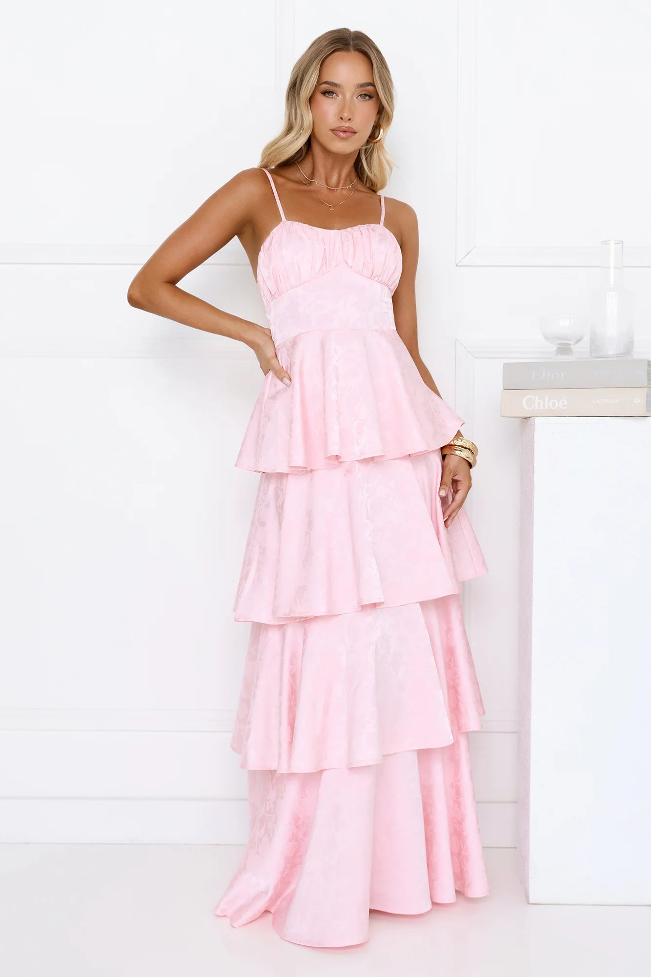 Pink Floral Jacquard Tiered Maxi Evening Dresses with Lace-Up Back