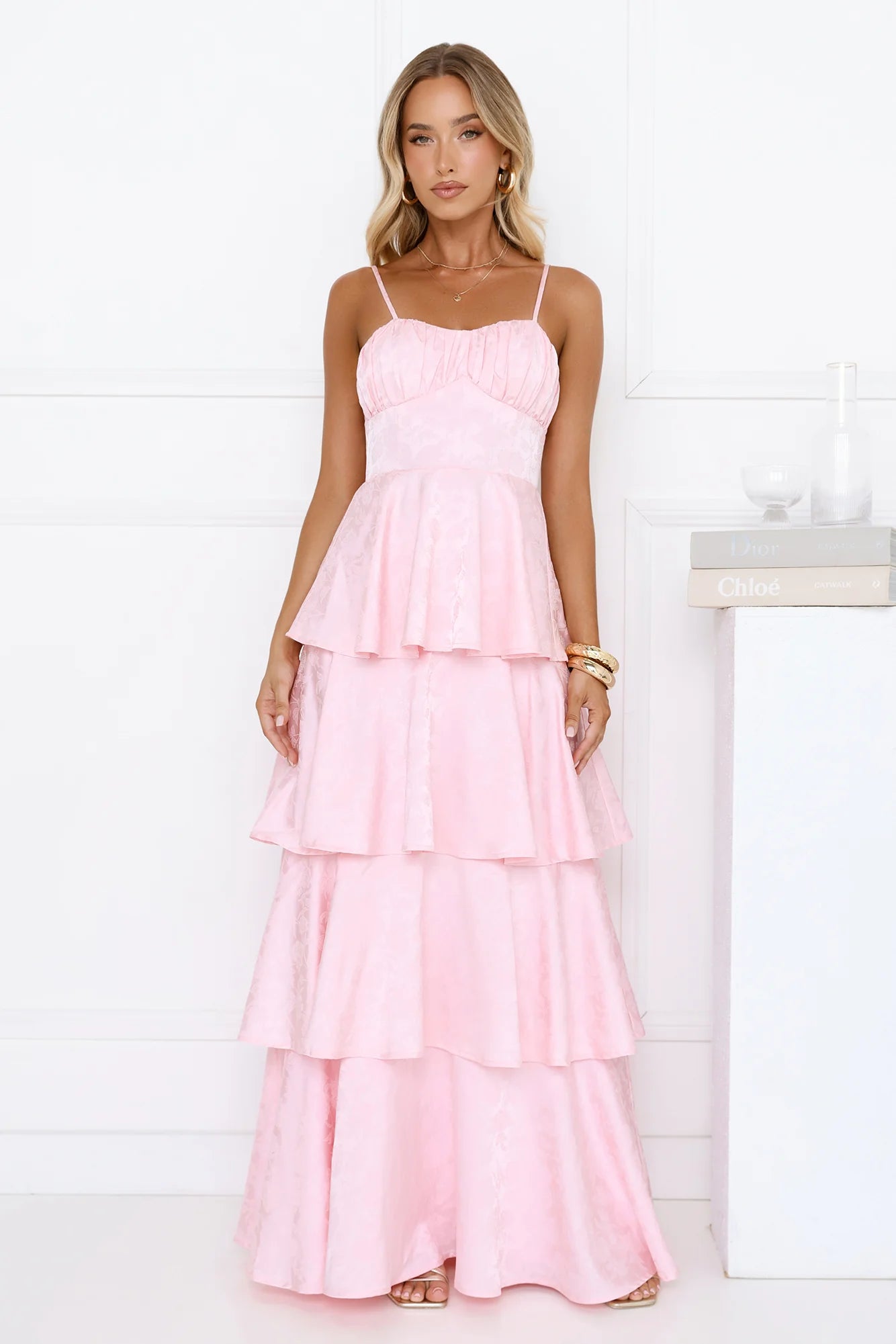 Pink Floral Jacquard Tiered Maxi Evening Dresses with Lace-Up Back