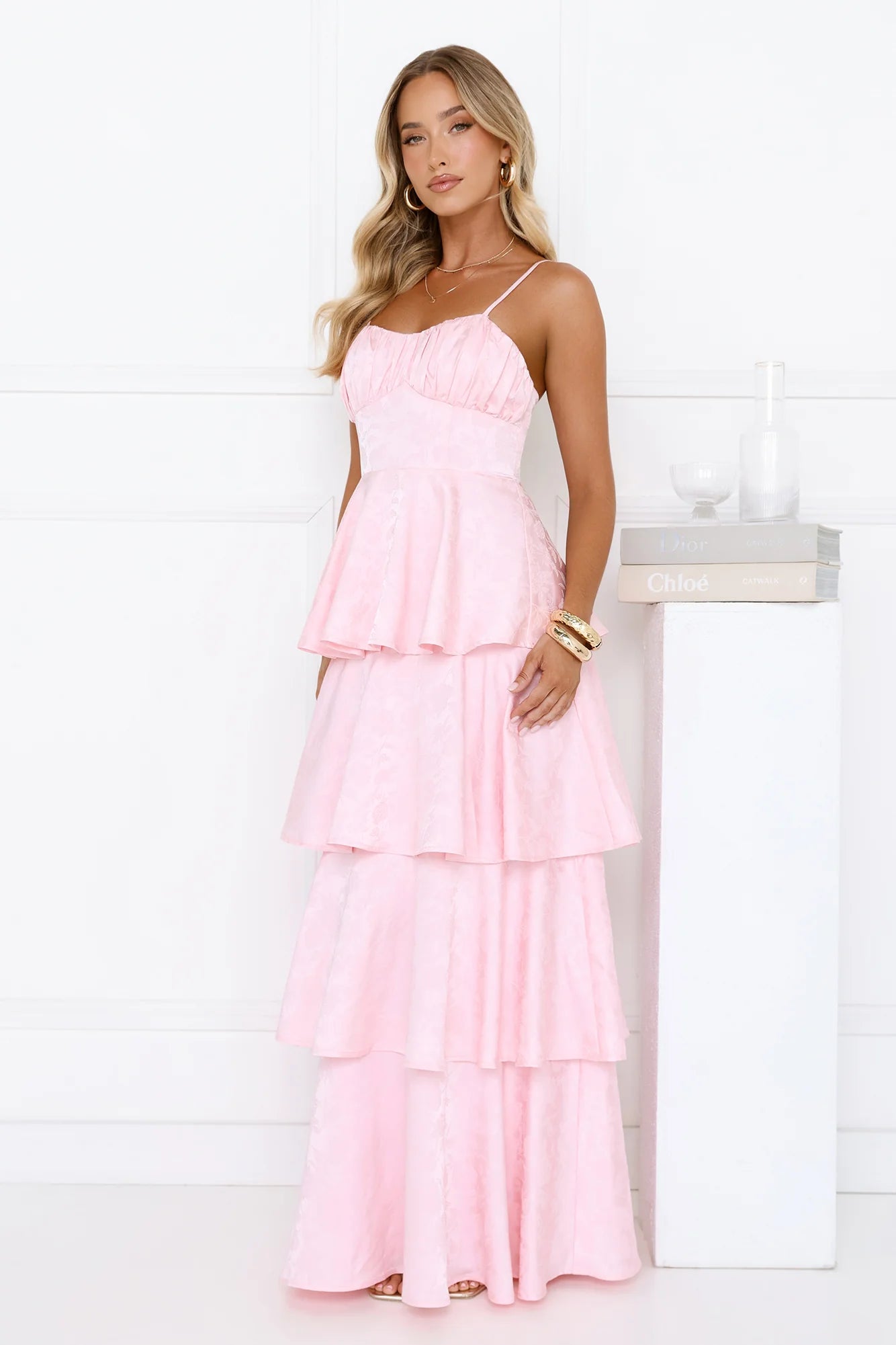 Pink Floral Jacquard Tiered Maxi Evening Dresses with Lace-Up Back