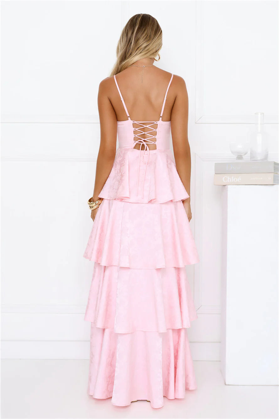 Pink Floral Jacquard Tiered Maxi Evening Dresses with Lace-Up Back