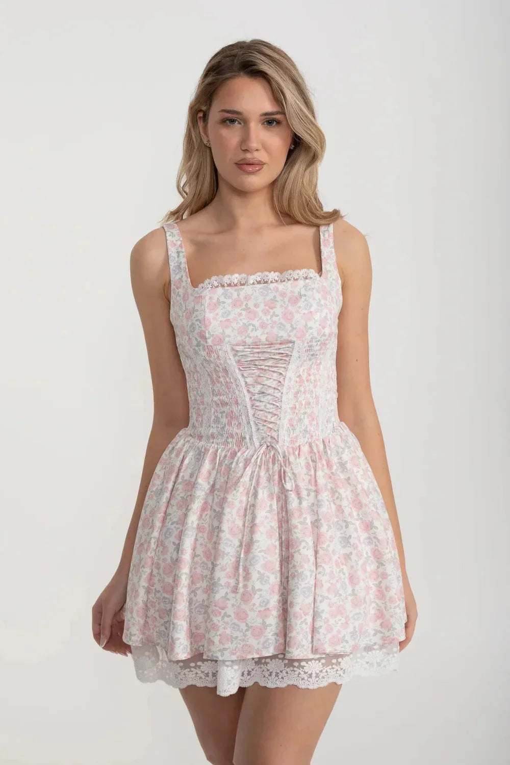 Pink Floral Lace Trim Corset Homecoming Dresses
