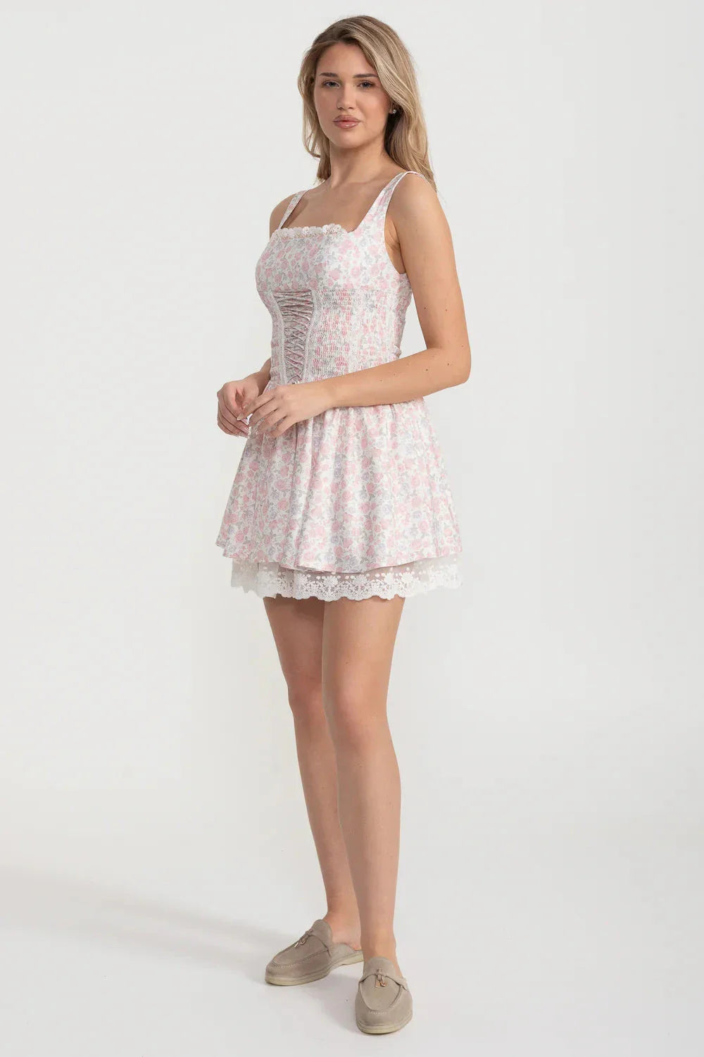 Pink Floral Lace Trim Corset Homecoming Dresses