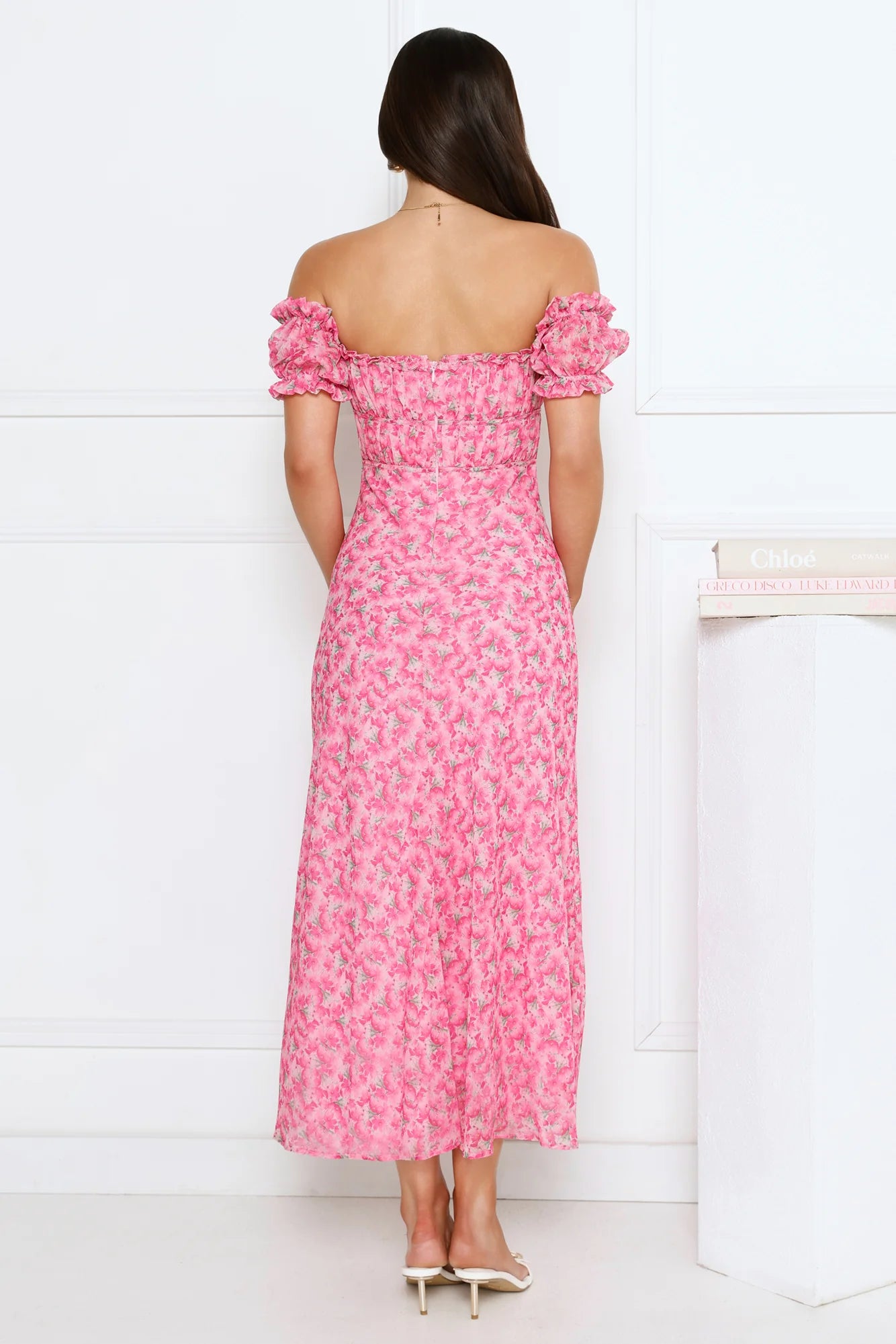 Pink Floral Off-the-Shoulder Ruffle Sleeve Maxi Evening Dresses