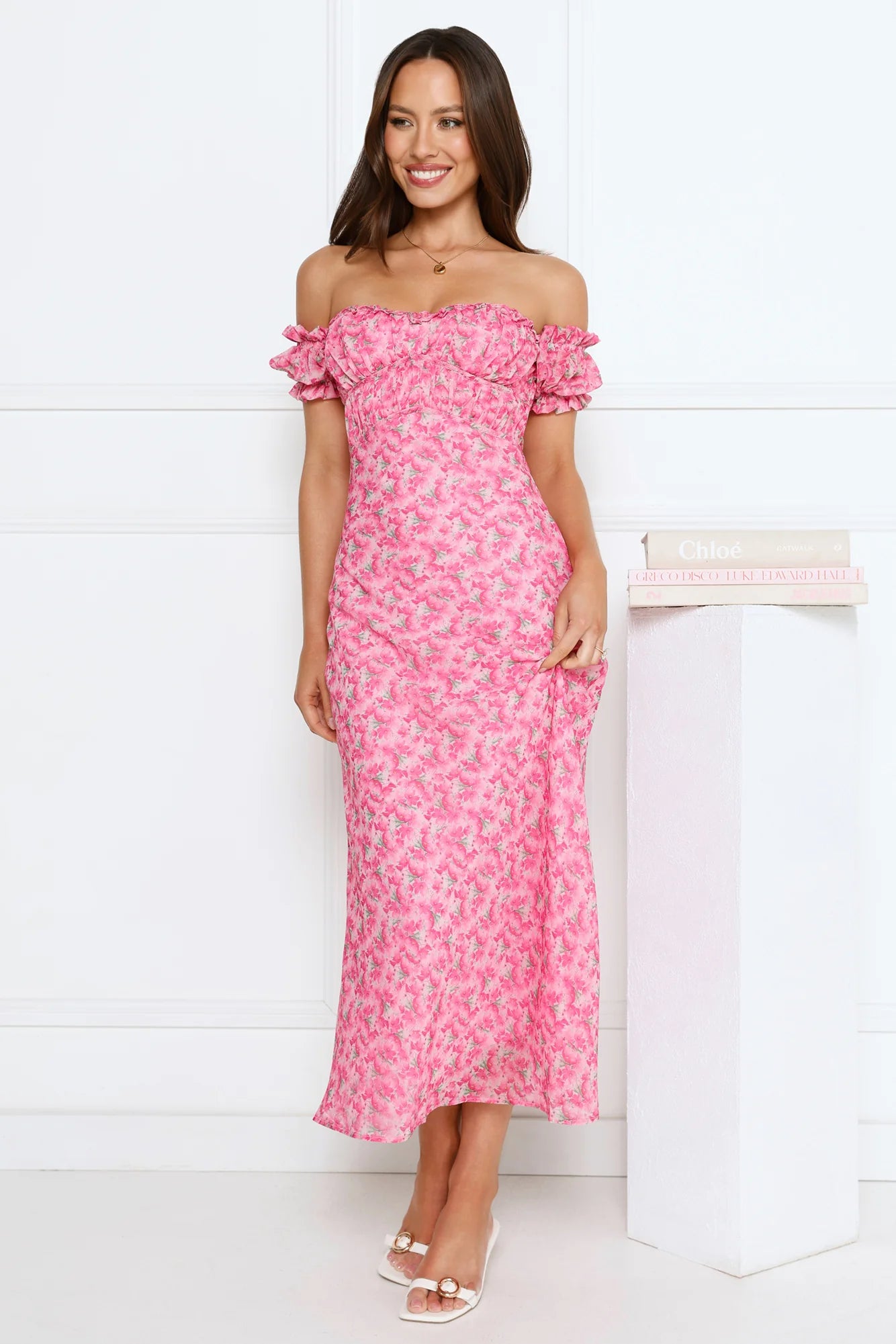 Pink Floral Off-the-Shoulder Ruffle Sleeve Maxi Evening Dresses