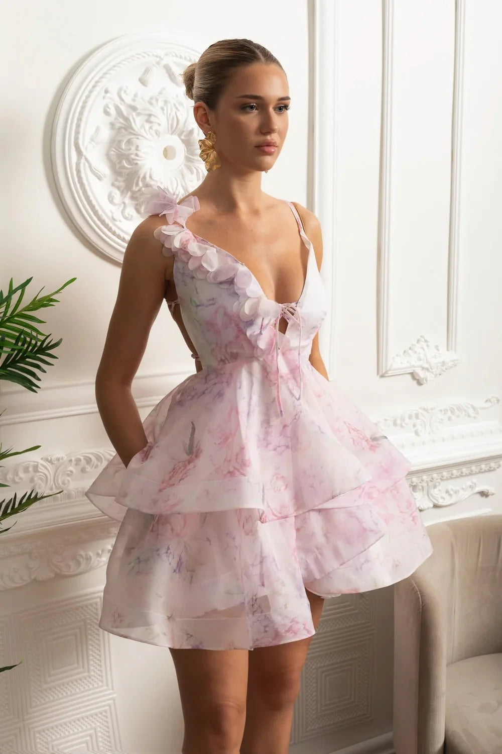 Pink Floral One-Shoulder Lace-Up Homecoming Dresses