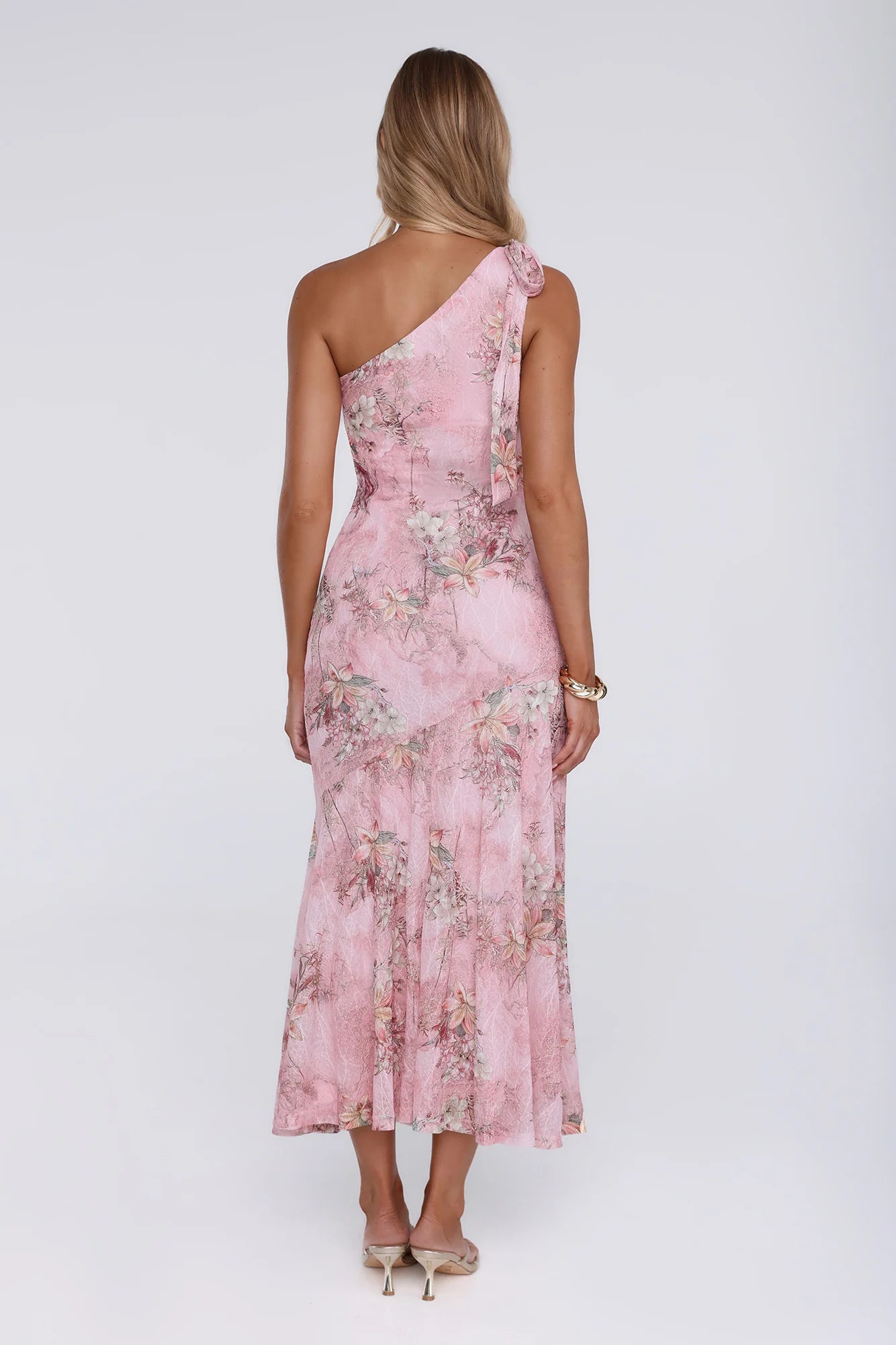 Pink Floral One-Shoulder Midi Homecoming Dresses