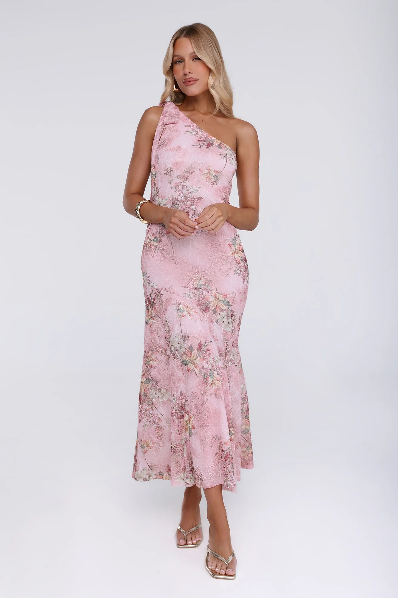 Pink Floral One-Shoulder Midi Homecoming Dresses