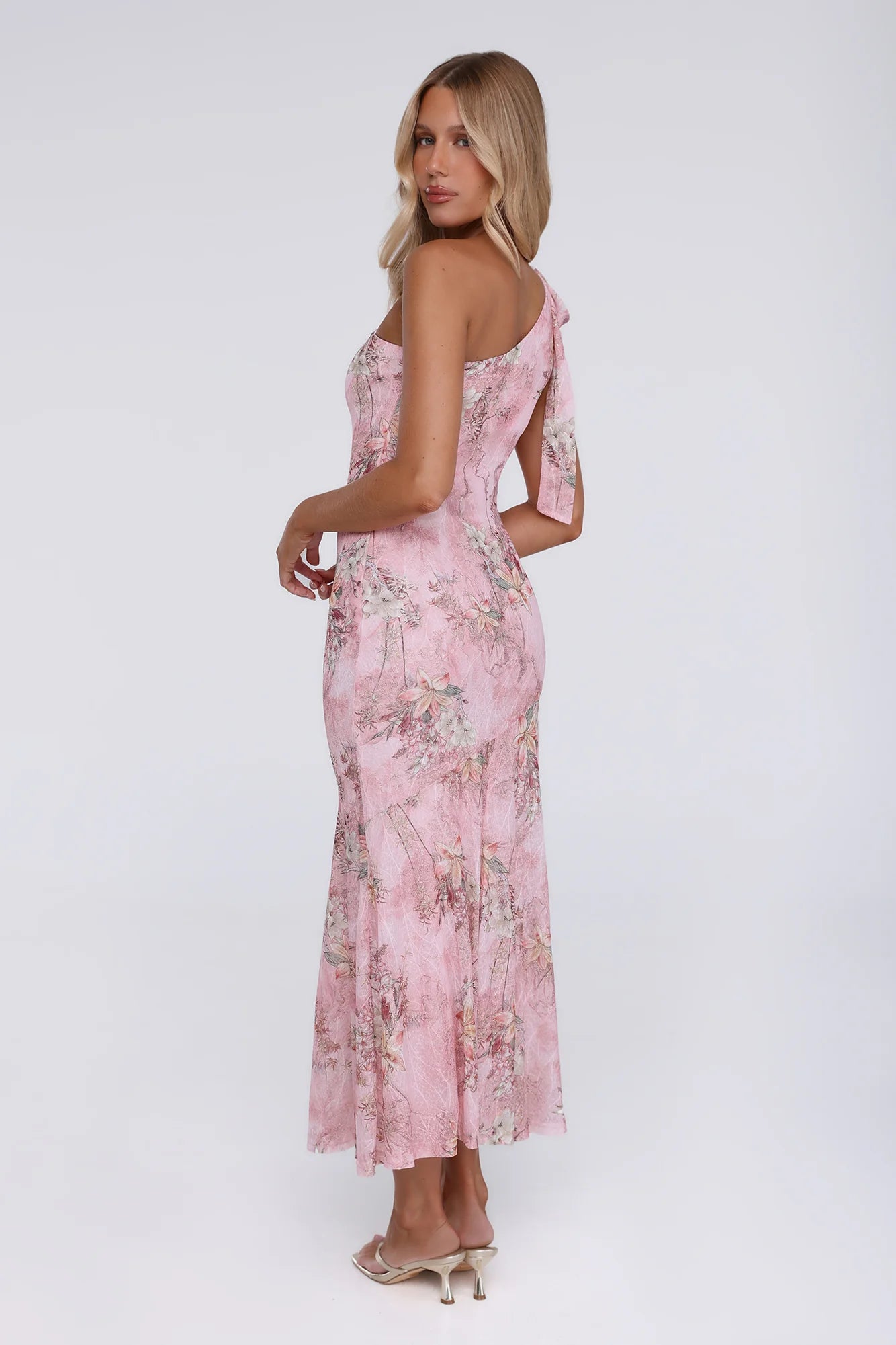 Pink Floral One-Shoulder Midi Homecoming Dresses