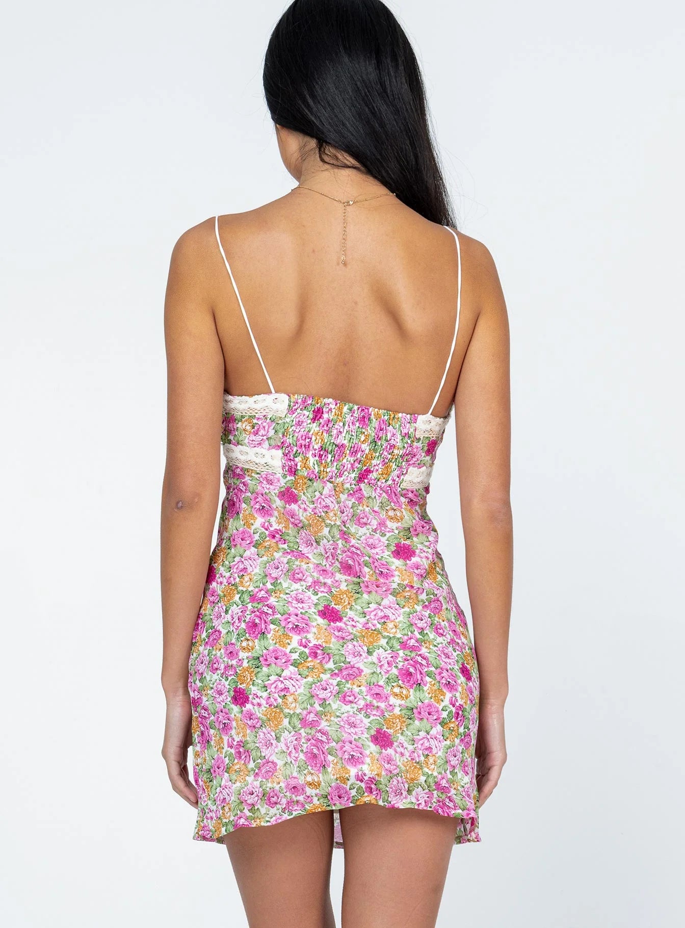Pink Floral Print Lace Trim Spaghetti Strap Smocked Back Split Evening Dresses