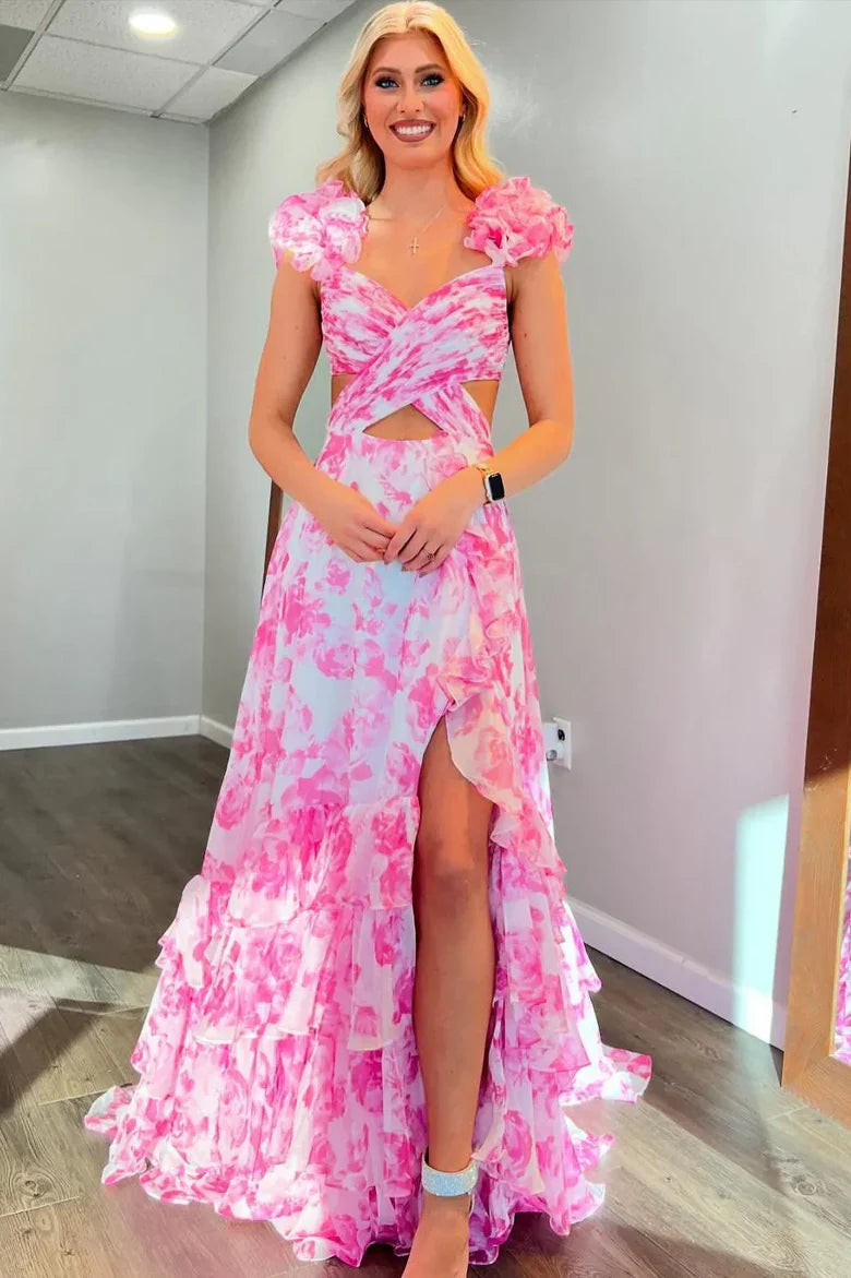 Pink Floral Print Ruffle Shoulder Cutout Maxi Dress with Tiered Skirt & High Slit