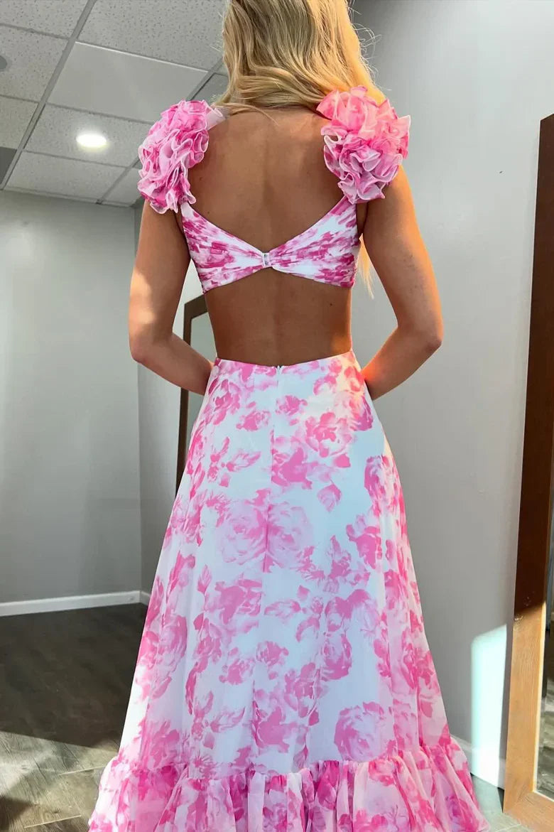 Pink Floral Print Ruffle Shoulder Cutout Maxi Dress with Tiered Skirt & High Slit