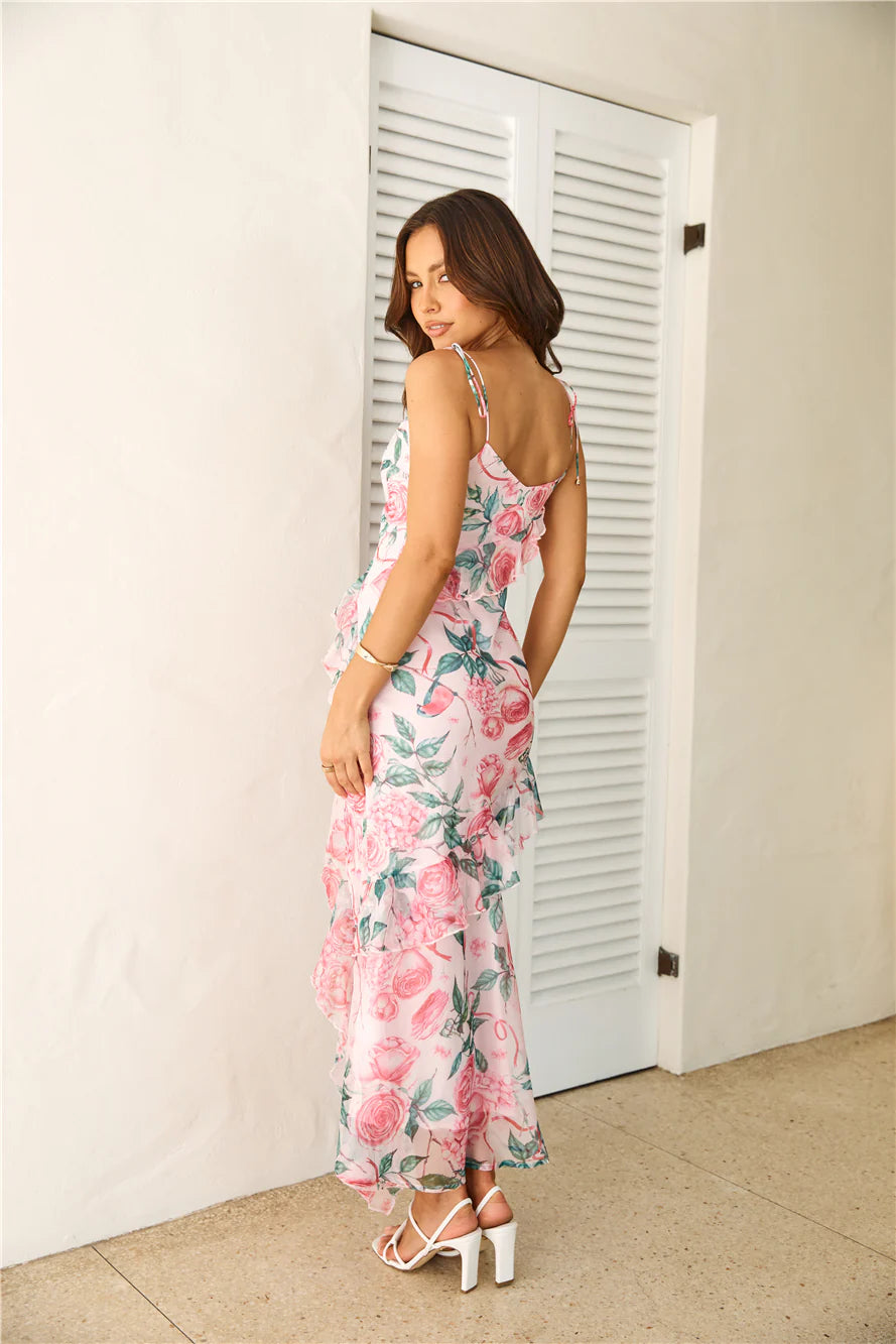 Pink Floral Print Ruffle Spaghetti Strap Maxi Evening Dresses