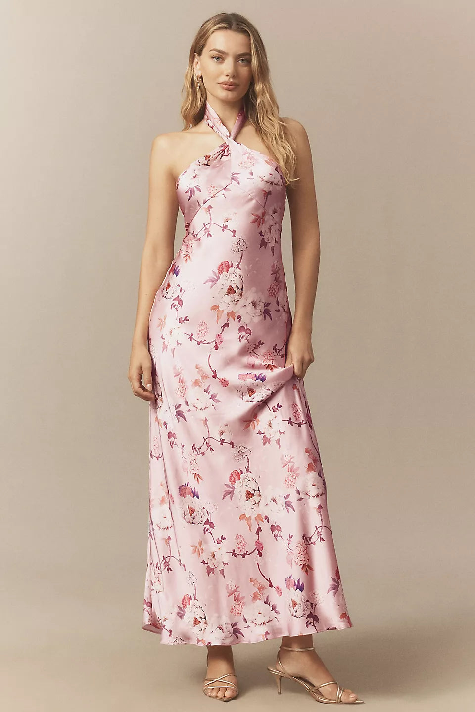 Pink Floral Print Satin Halter Neck Open Back Maxi Evening Dress