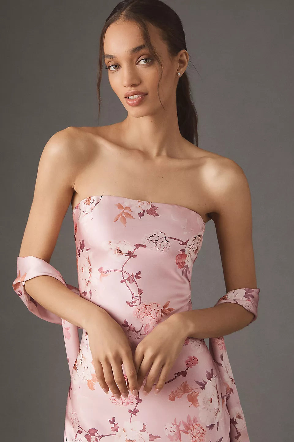 Pink Floral Print Satin Strapless Halter Tie Back Maxi Evening Dress