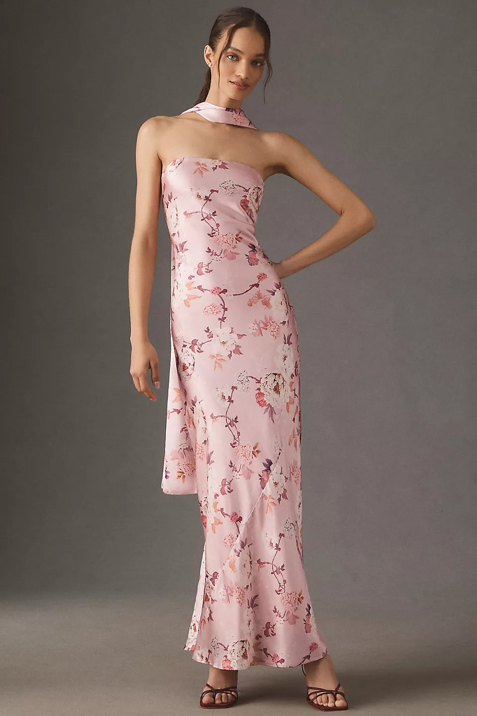 Pink Floral Print Satin Strapless Halter Tie Back Maxi Evening Dress