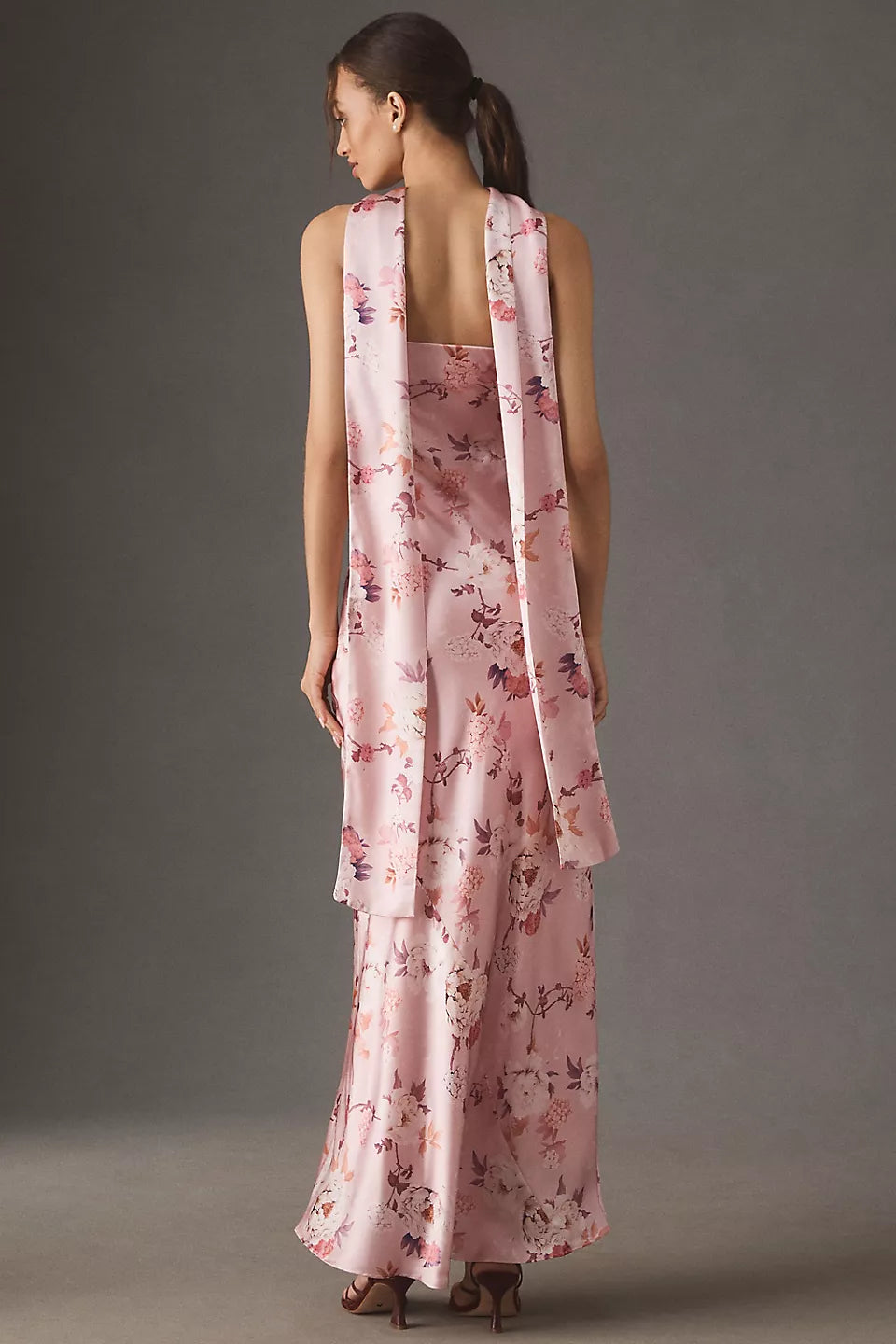 Pink Floral Print Satin Strapless Halter Tie Back Maxi Evening Dress