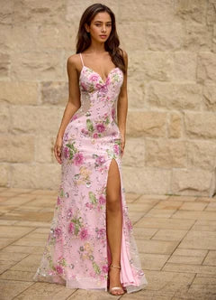 Pink Floral Print Sequin Strappy Cross Back High Slit Mermaid Maxi Evening Dresses