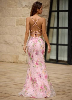Pink Floral Print Sequin Strappy Cross Back High Slit Mermaid Maxi Evening Dresses