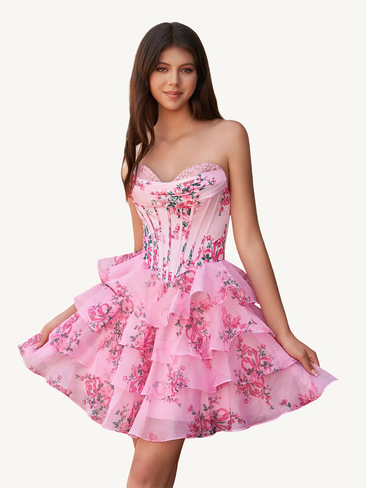 Pink Floral Print Strapless Sweetheart Tiered Ruffle Lace Up Back Mini Evening Dresses