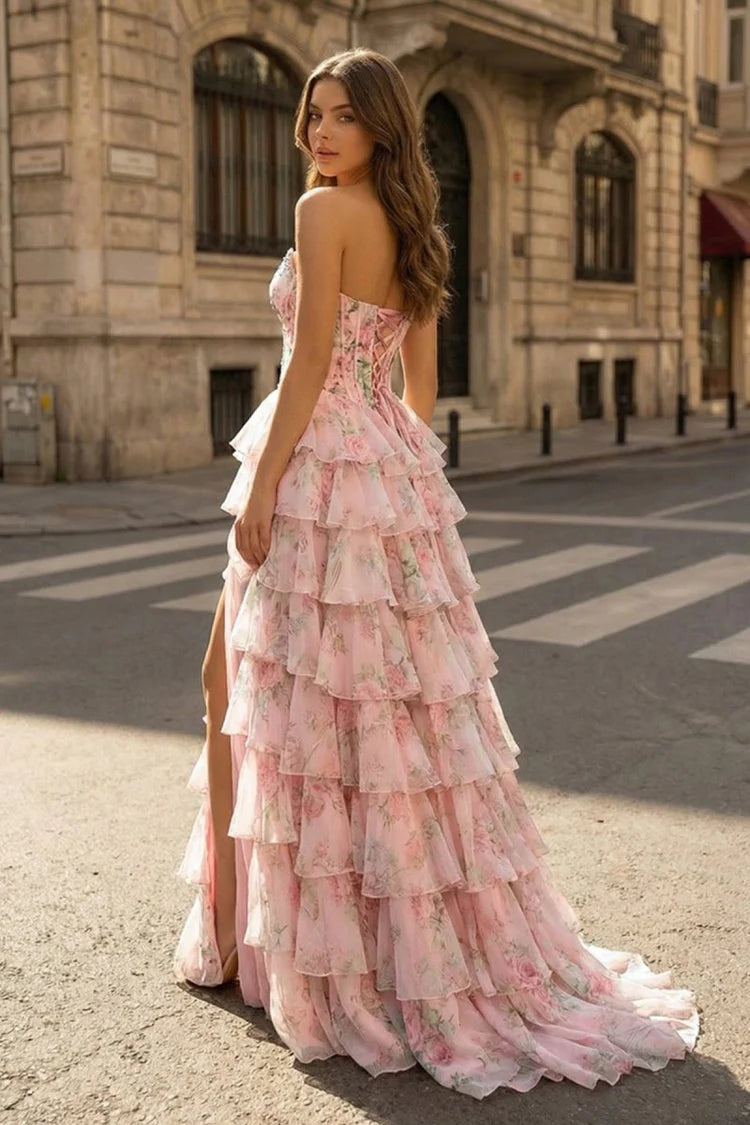 Pink Floral Print Strapless Tiered Ruffle Maxi Evening Dresses