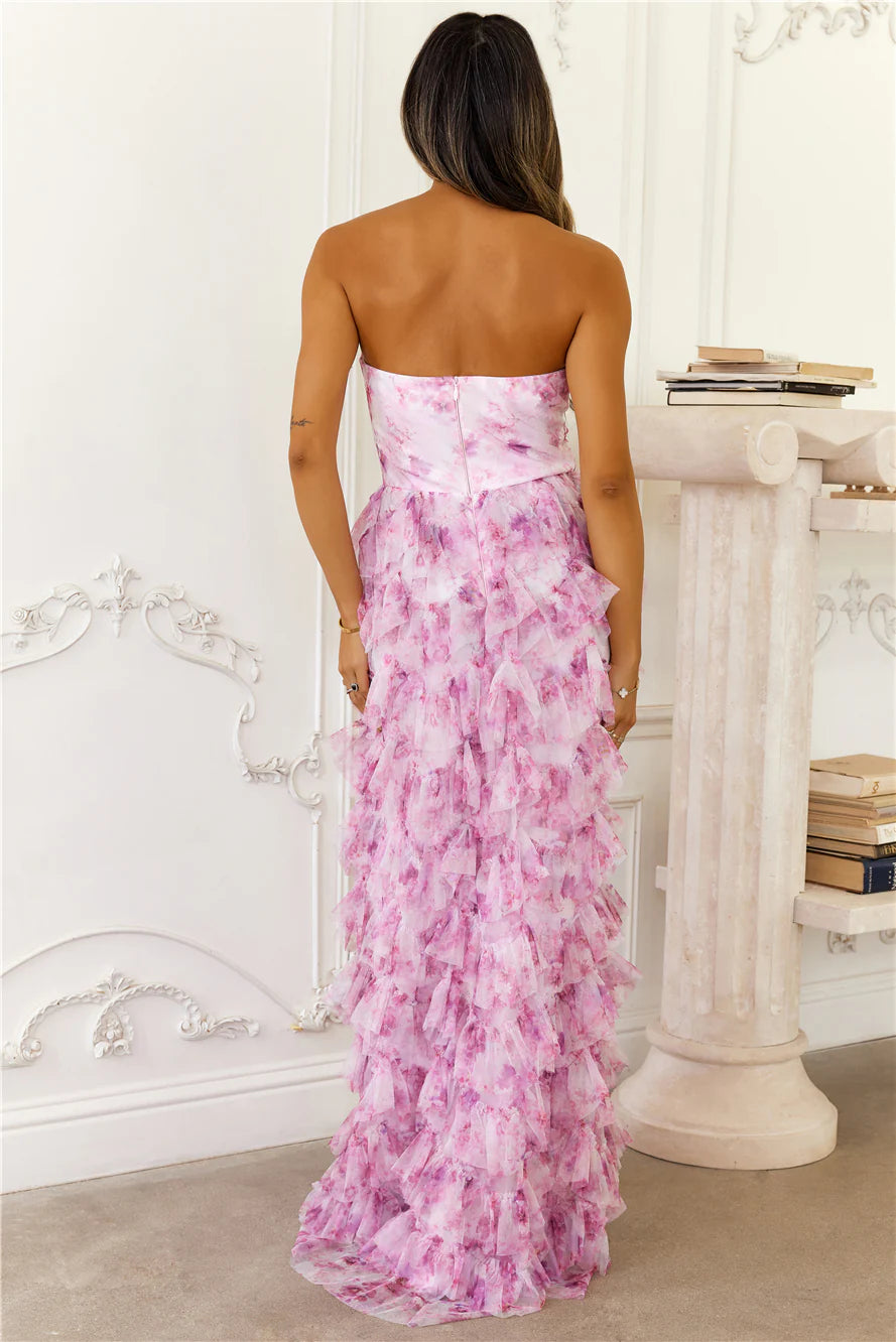 Pink Floral Print Tulle Strapless Ruffle Tiered Maxi Evening Dresses
