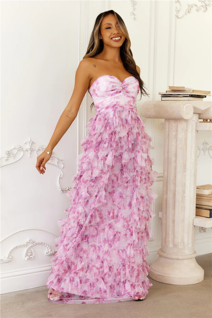 Pink Floral Print Tulle Strapless Ruffle Tiered Maxi Evening Dresses