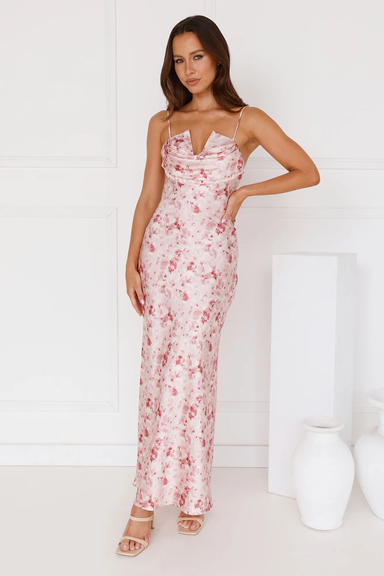 Pink Floral Satin V Notch Cowl Neck Maxi Evening Dresses