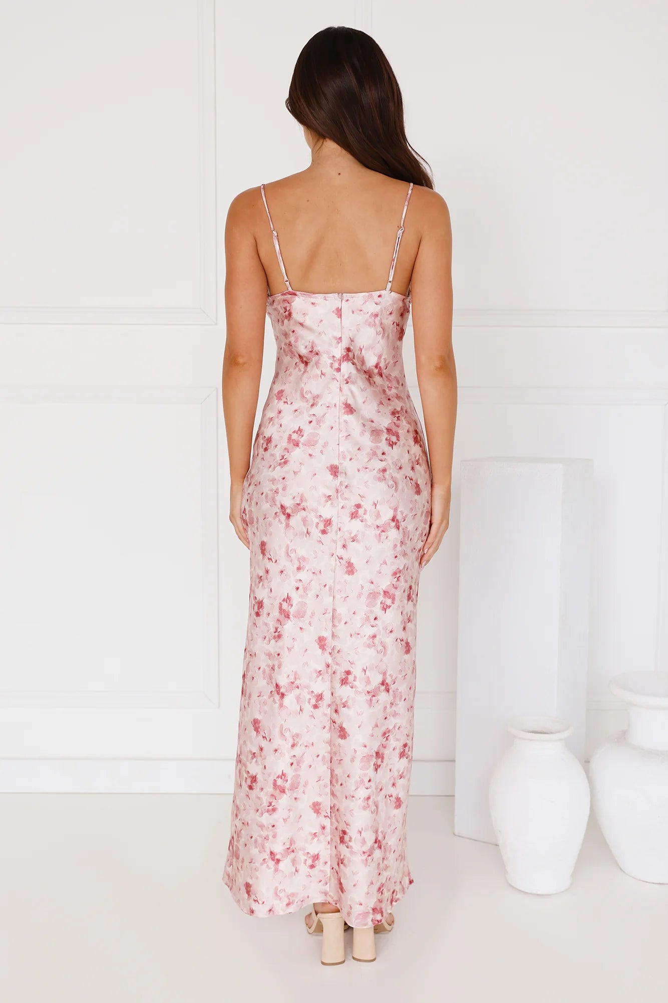 Pink Floral Satin V Notch Cowl Neck Maxi Evening Dresses