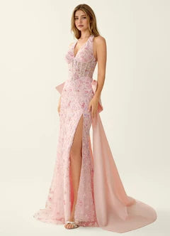 Pink Floral Sequin Halter Bow Back Mermaid Evening Dresses
