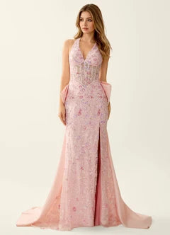 Pink Floral Sequin Halter Bow Back Mermaid Evening Dresses