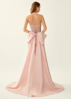 Pink Floral Sequin Halter Bow Back Mermaid Evening Dresses
