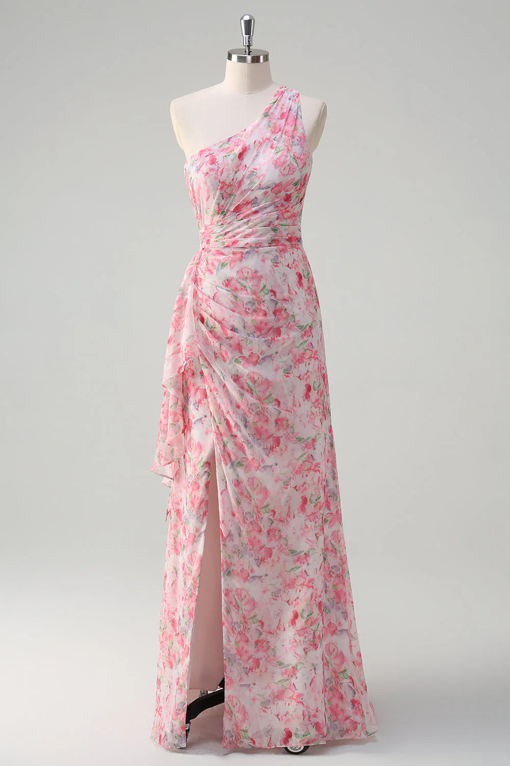 Pink Floral Sheath One Shoulder Long Wedding Guest Dress With Slit
