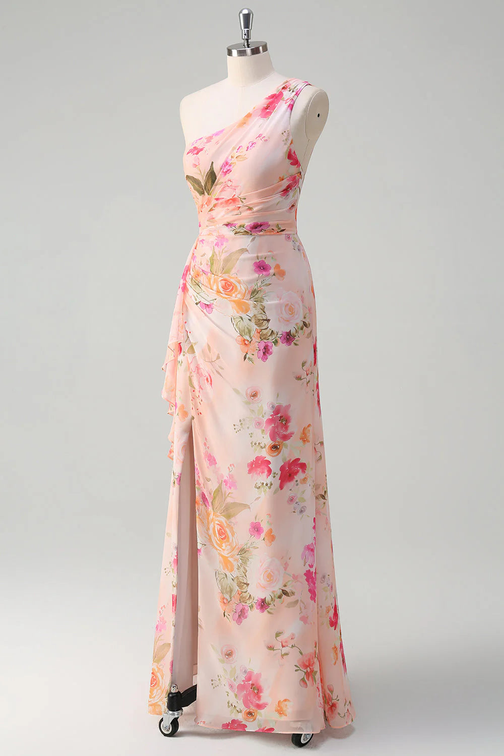Pink Floral Sheath One Shoulder Long Wedding Guest Dress With Slit