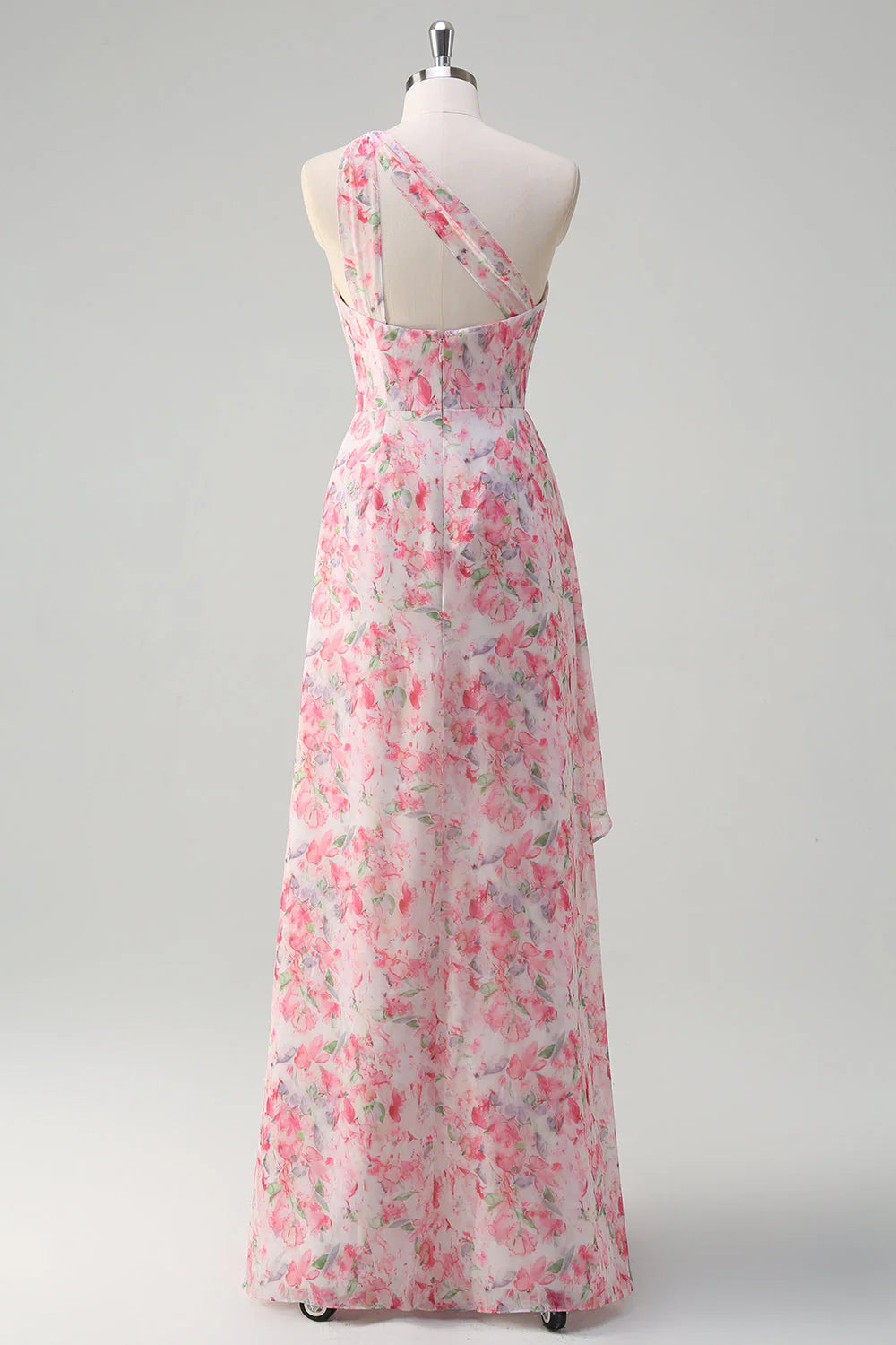 Pink Floral Sheath One Shoulder Long Wedding Guest Dress With Slit