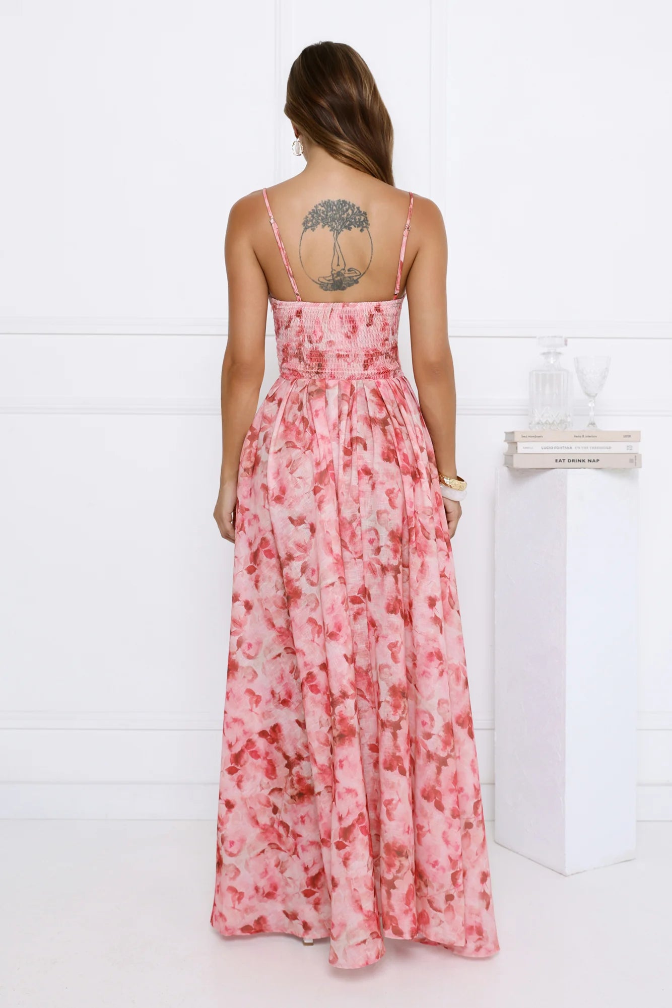 Pink Floral Spaghetti Strap High Low Maxi Evening Dresses
