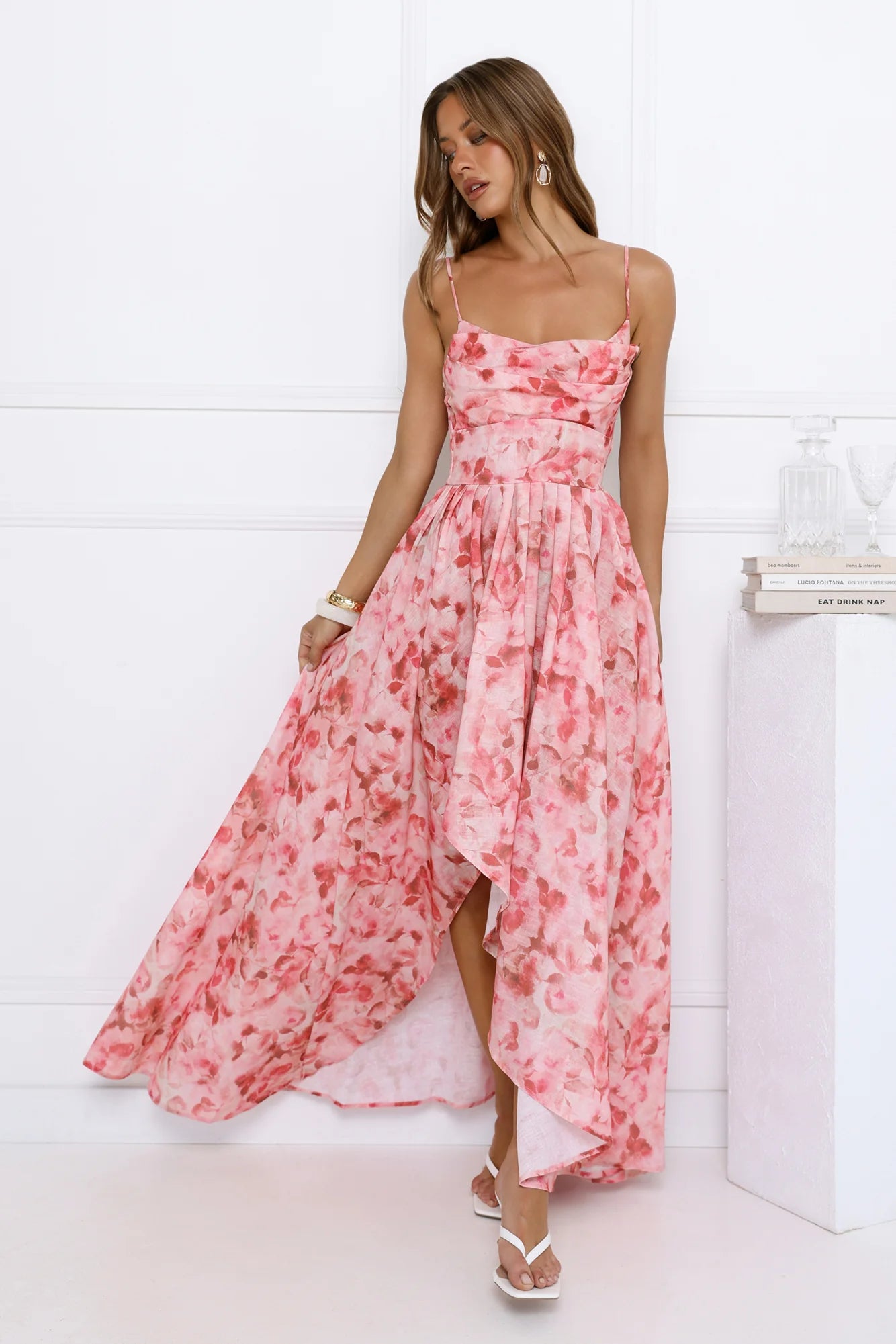 Pink Floral Spaghetti Strap High Low Maxi Evening Dresses