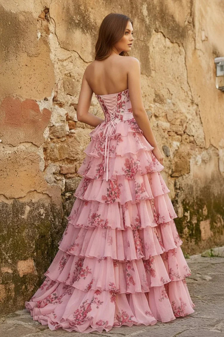 Pink Floral Strapless Corset Tiered Ruffled Maxi with High Slit Prom Dress
