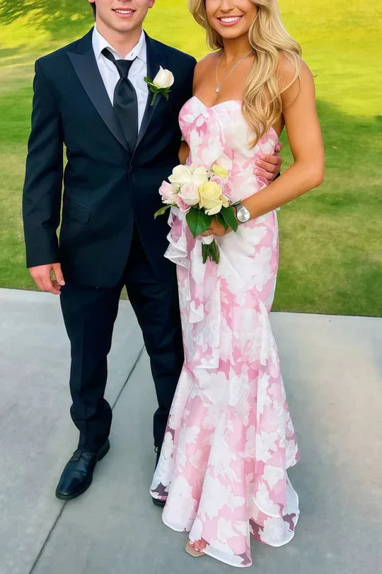 Pink Floral Strapless Ruffle Mermaid Prom Dress with a Stunning Open Back