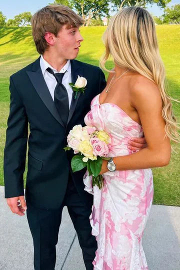 Pink Floral Strapless Ruffle Mermaid Prom Dress with a Stunning Open Back
