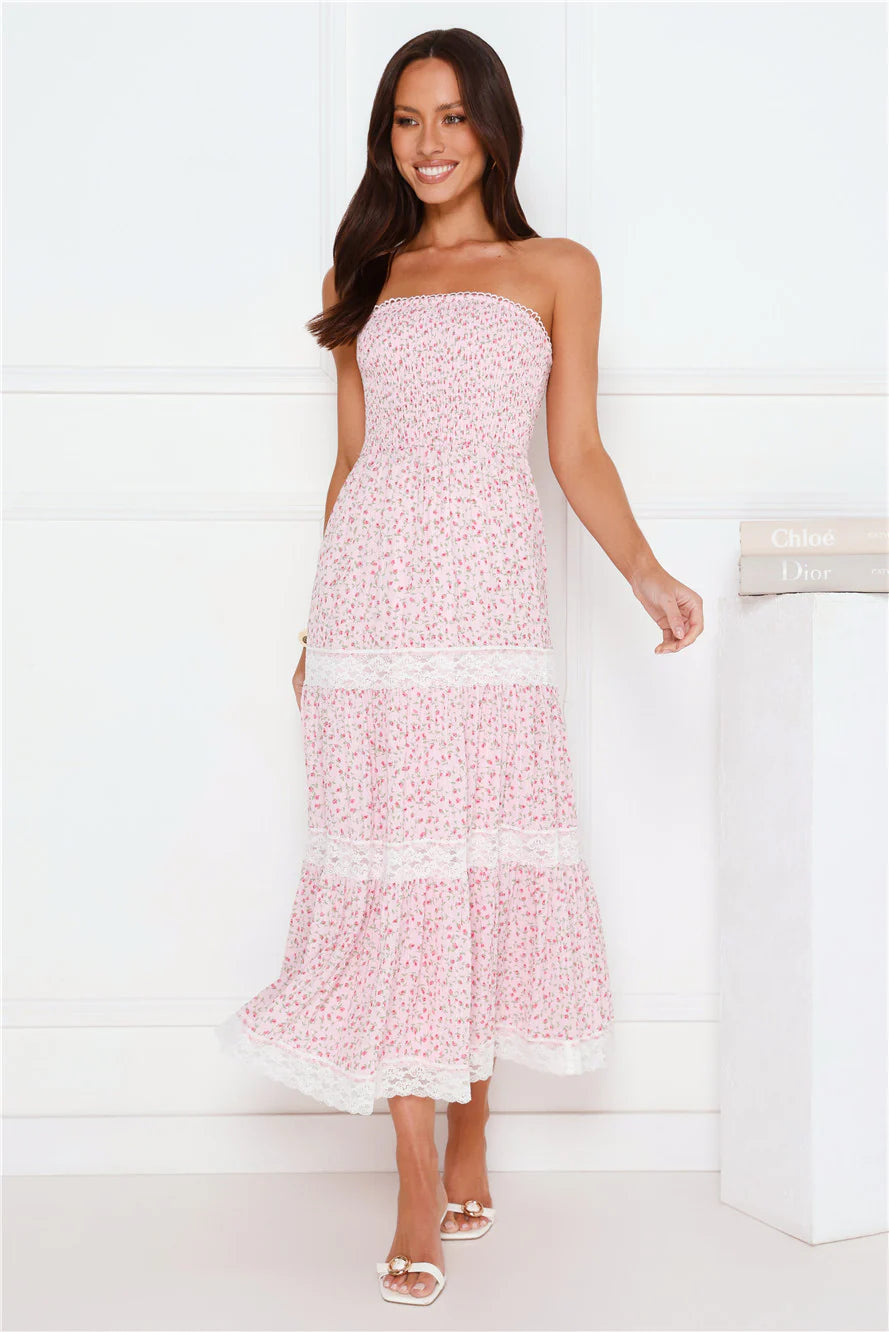 Pink Floral Strapless Smocked Lace Trim Tiered Midi Evening Dresses