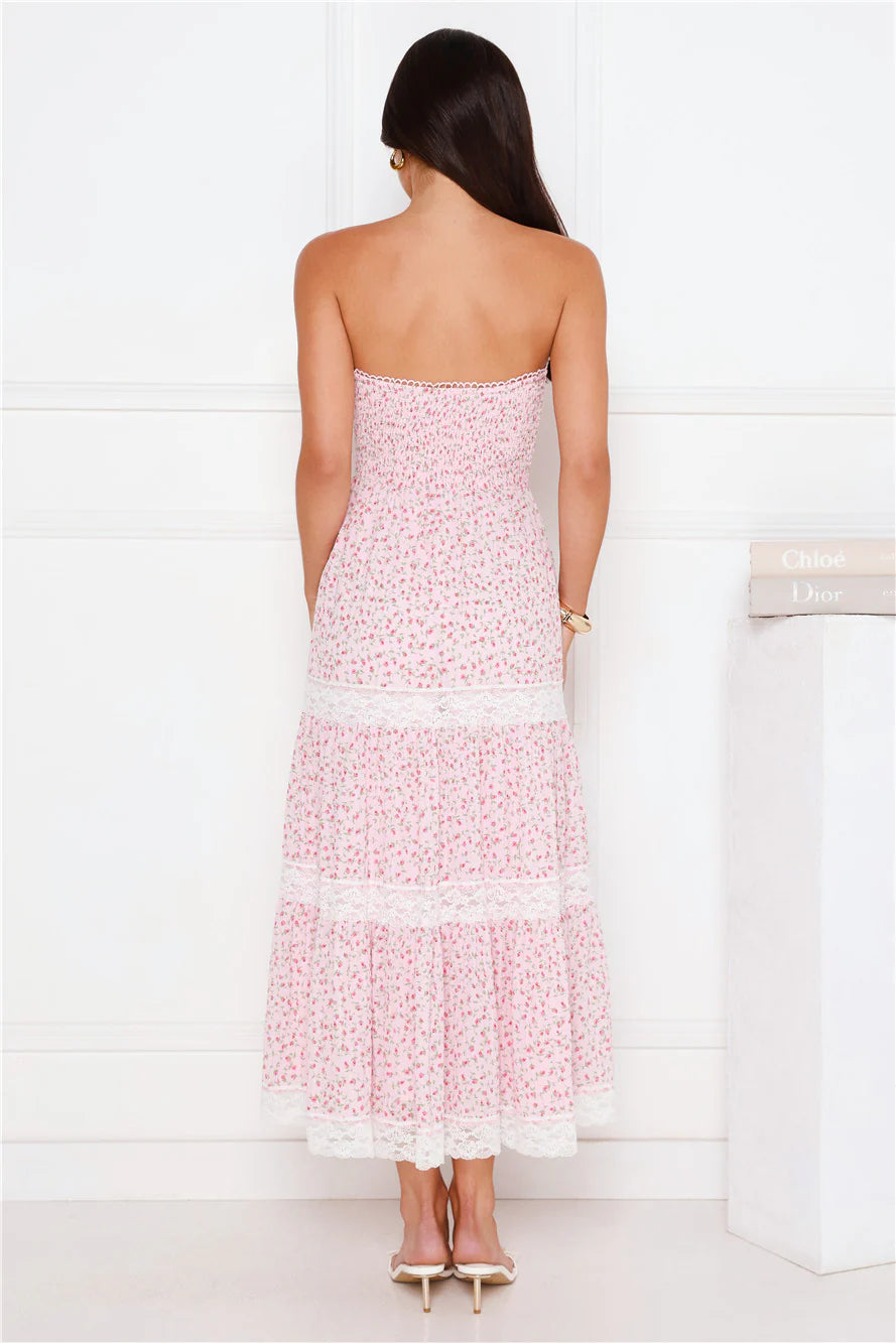 Pink Floral Strapless Smocked Lace Trim Tiered Midi Evening Dresses