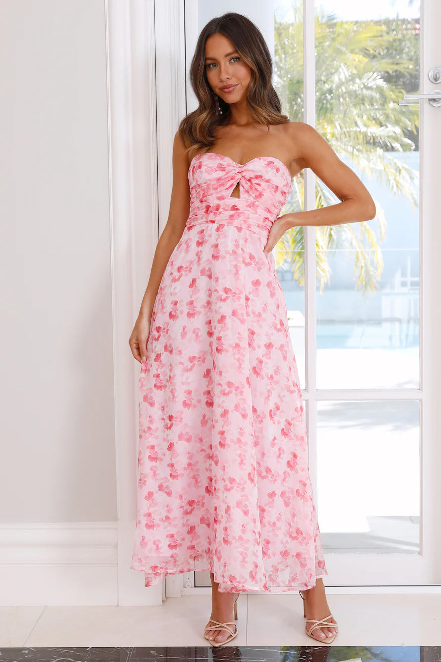 Pink Floral Strapless Twist Front Cutout Maxi Evening Dresses