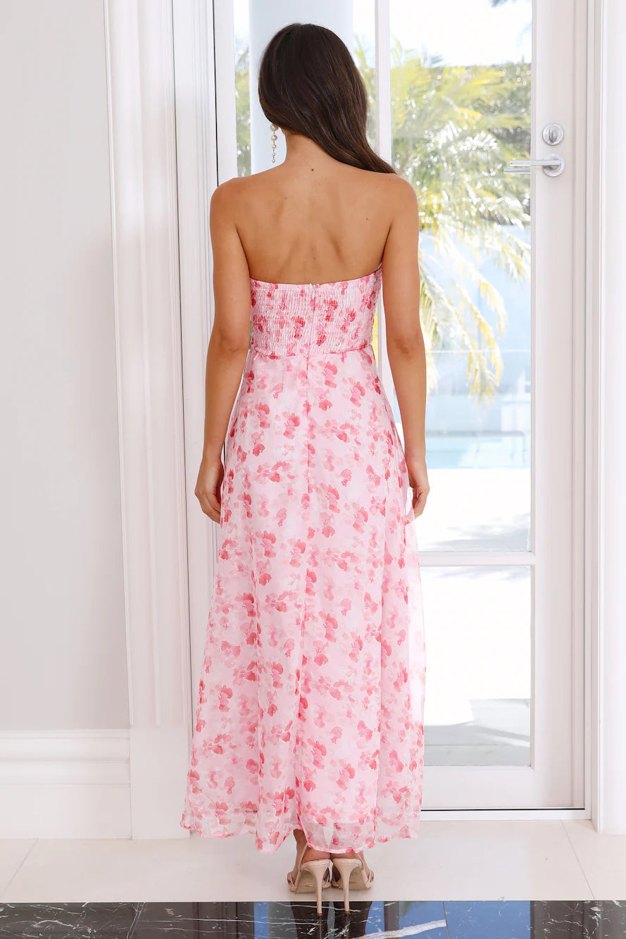 Pink Floral Strapless Twist Front Cutout Maxi Evening Dresses
