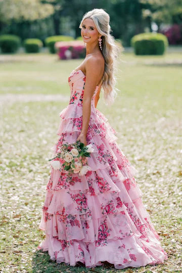 Pink Floral Tiered Ruffle Strapless Prom Dress with a High Side Slit