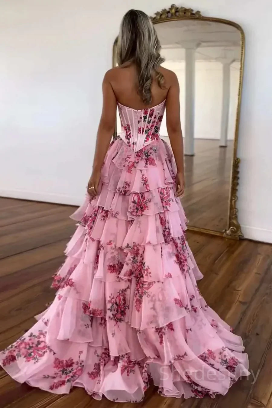 Pink Floral Tiered Ruffle Strapless Prom Dress with a High Side Slit