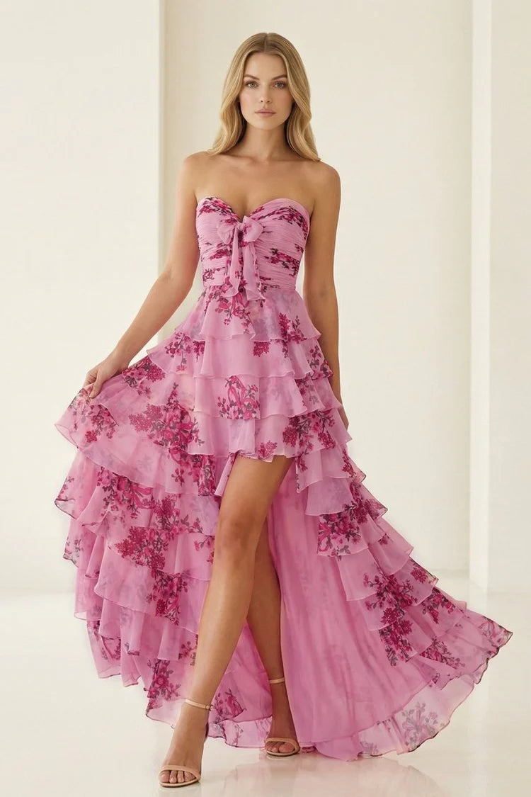 Pink Floral Tiered Strapless Evening Dresses