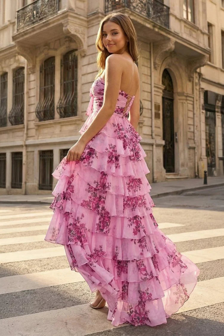 Pink Floral Tiered Strapless Evening Dresses