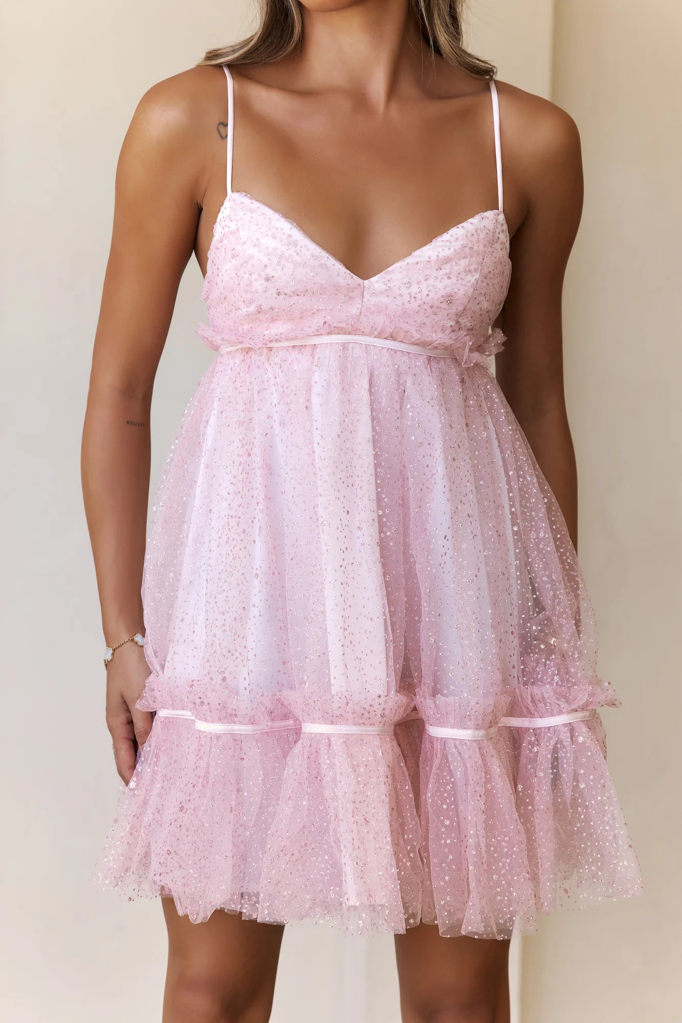 Pink Glitter Tulle Spaghetti Strap Ruffle Mini Evening Dresses