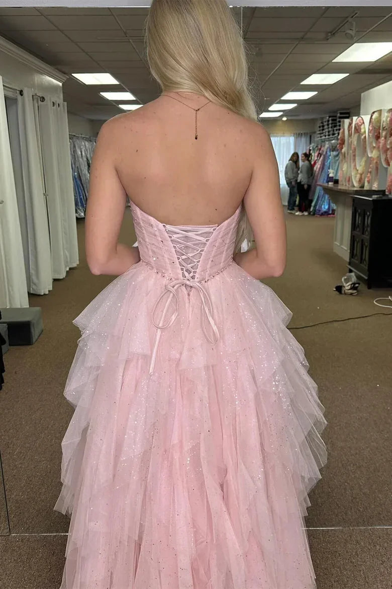 Pink Glitter Tulle Strapless Lace Up Back Ruffled Tiered Prom Dress